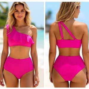 NWT EOMENIE Hot Pink One Shoulder Ruffled Bikini Top & High Waist Bottom Sz: M